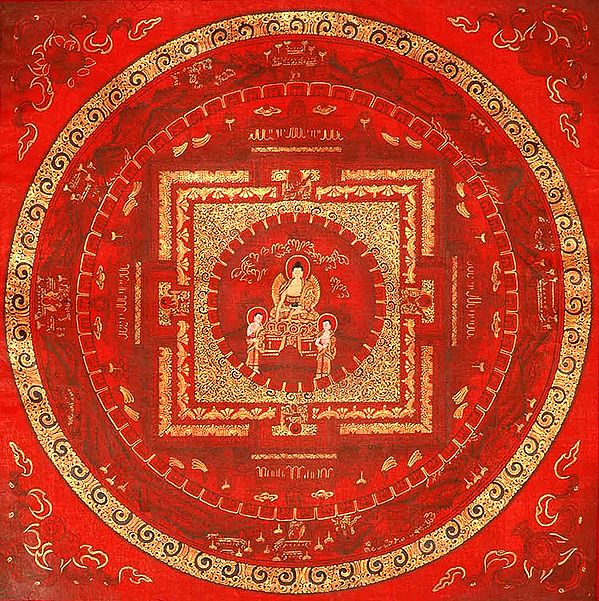Red Mandala of Gautam Buddha with His Two Disciples