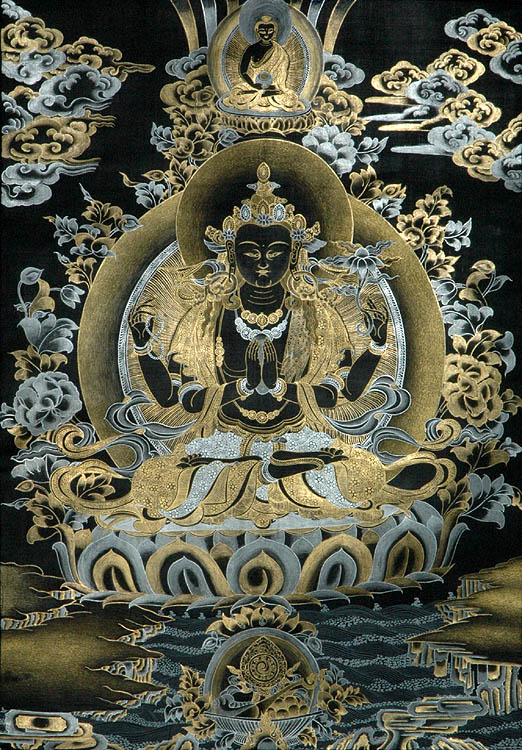 Shadakshari Lokeshvara (Esoteric Black Thangka)