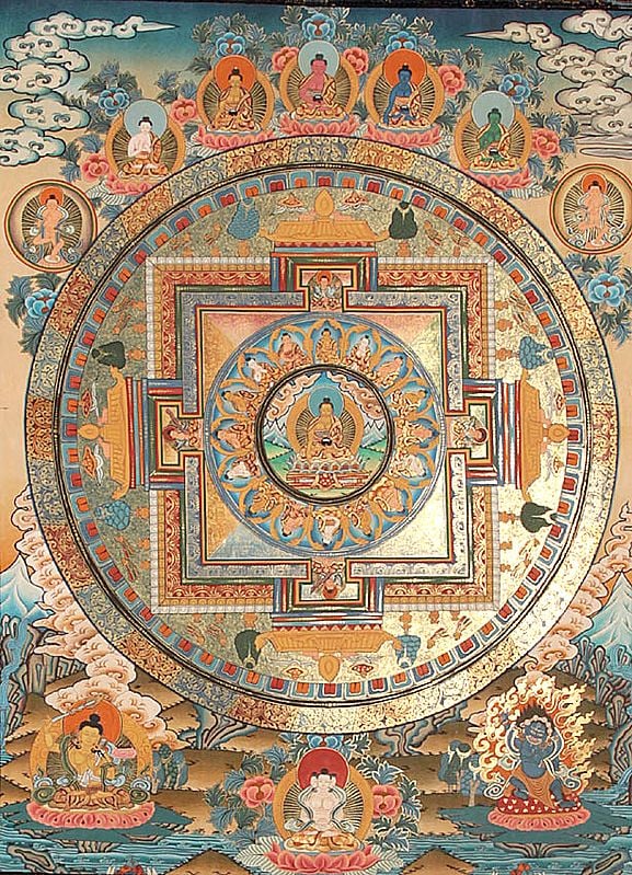 Shakyamuni Buddha Mandala with Five Cosmic Buddhas Atop