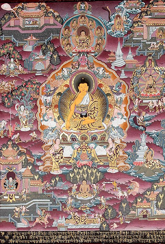 Shakyamuni Buddha Seated on Six-ornament Throne of Enlightenment in Center and the Scenes from His Life