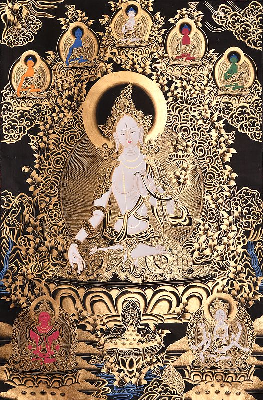 Tibetan Buddhist Goddess White Tara with Five Dhyani Buddhas (Large Size)
