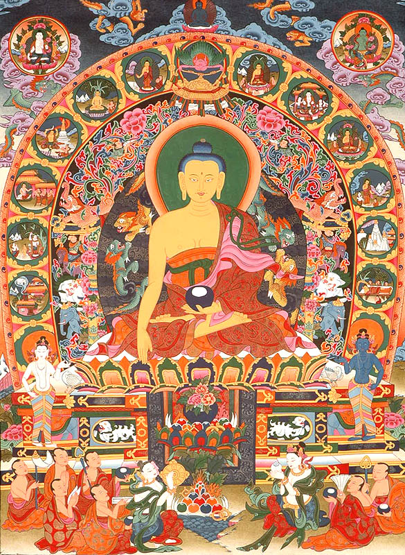 The Buddha Seated on the Six Ornament Seat of Enlightenment (The Aureole Depicts the Events from His Life)