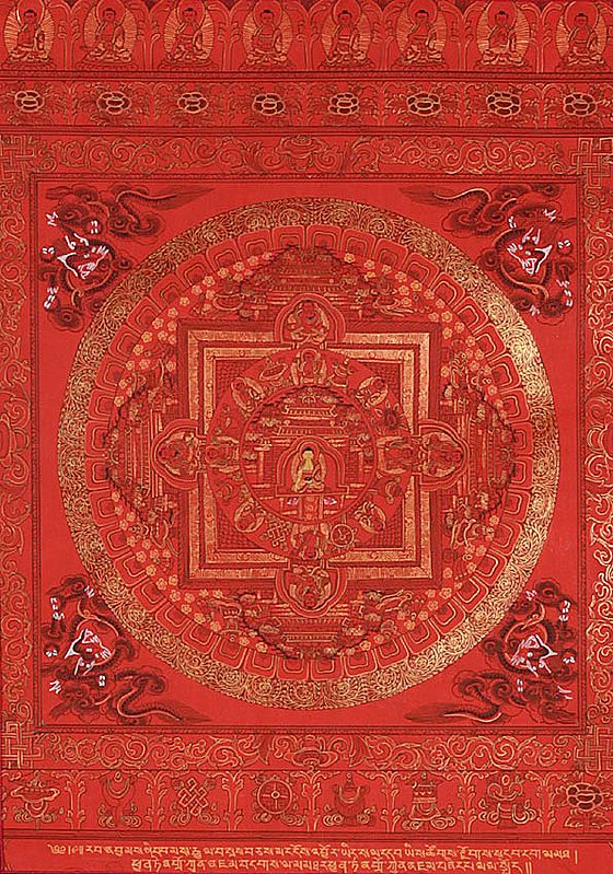 The Buddha Shakyamuni Mandala with Cosmic Buddhas Atop and Ashtamangala Symbols at Bottom with Syllable Mantras