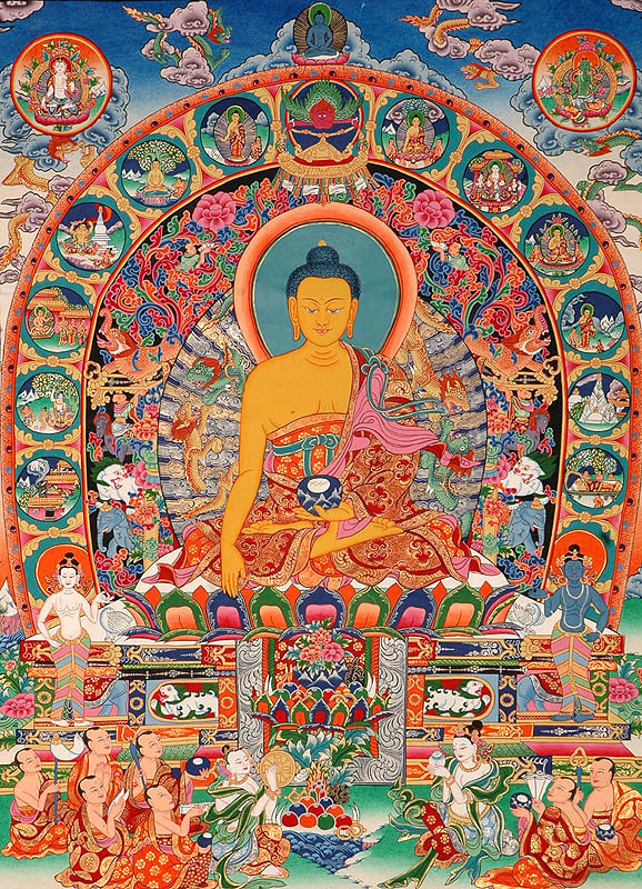 The Buddha Shakyamuni Seated on Six-ornament Throne of Enlightenment and the Scenes from His Life