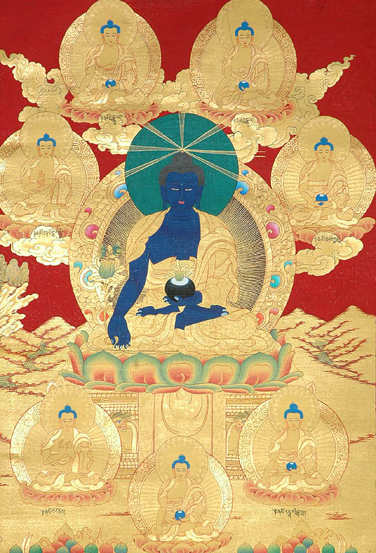 The Medicine Buddha with His Seven Brothers (Names Written in Tibetan Script)