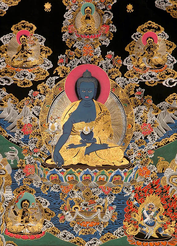 The Medicine Buddha with White Tara, Green Tara, Amitabha Buddha  Atop,  and Manjushri and Vajrapani at the Bottom