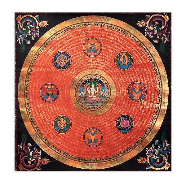 Mandala of Tibetan Buddhist Deity  Chenrezig with Ashtamangala