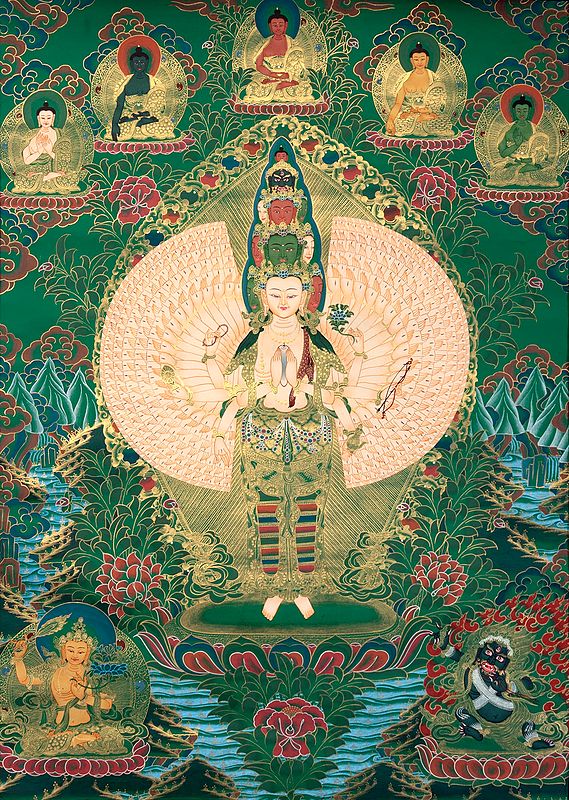 Thousand Armed Avalokiteshvara with Five Dhyani Buddhas - Tibetan Buddhist