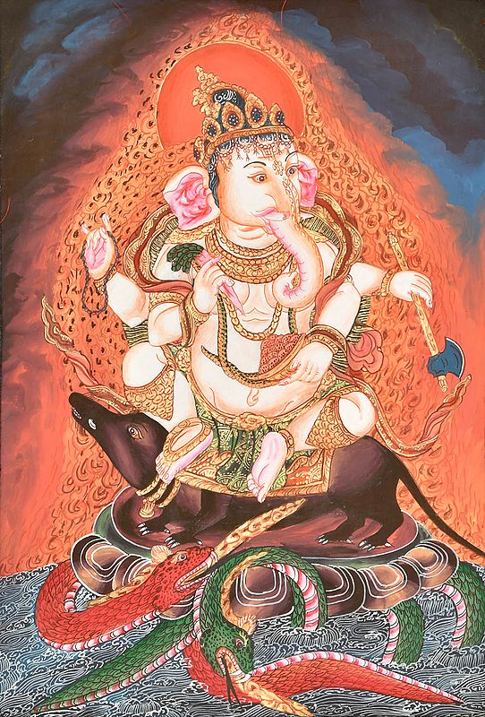 Shadbhuja Ganesha Seated on a Rat with Snakes as Dragons