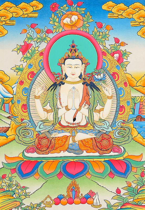 Fine Thangka of Tibetan Buddhist Deity Chenrezig (Four Armed Avalokiteshvara)
