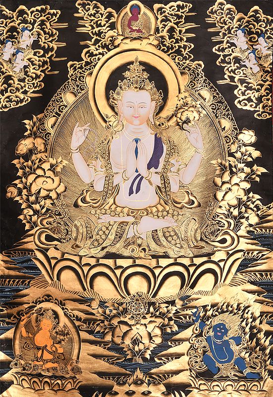 Super Large Thangka of Tibetan Buddhist Deity Chenrezig (Shadakshari Avalokiteshvara)