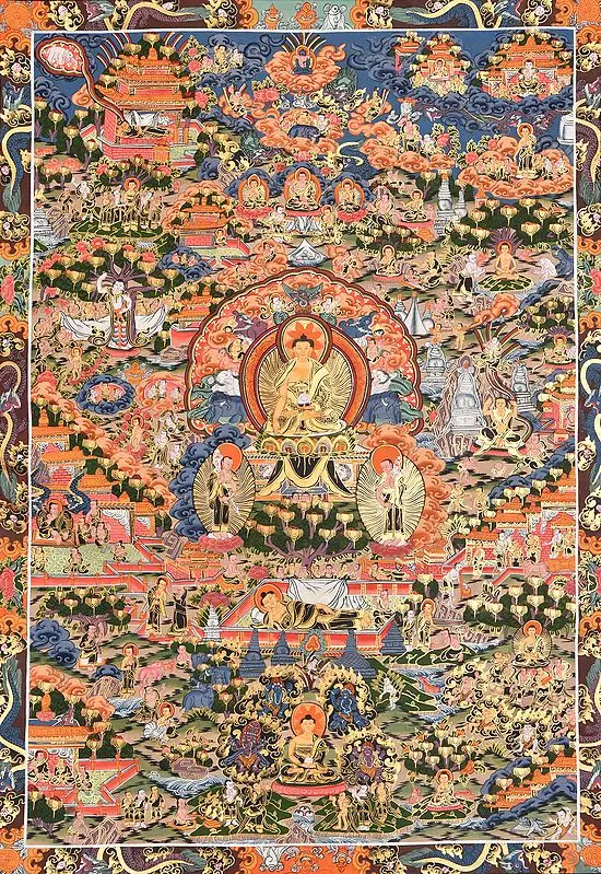 Tibetan Buddhist Deity Buddha Shakyamuni Seated on the Six-Ornament Throne of Enlightenment and the Events from His Life