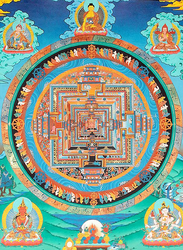 Kalachakra Mandala with Padmasambhava, Shakyamuni, Tsongkhapa Atop and Amitayus and Ushnishavijaya at Bottom