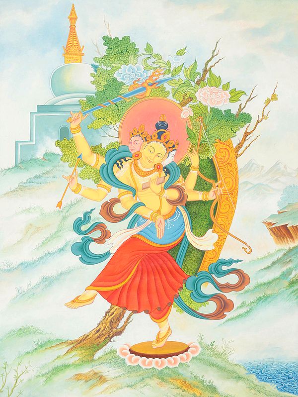 Dancing Manjushri Holding Pothi, Wisdom Sword, Bow and Arrow