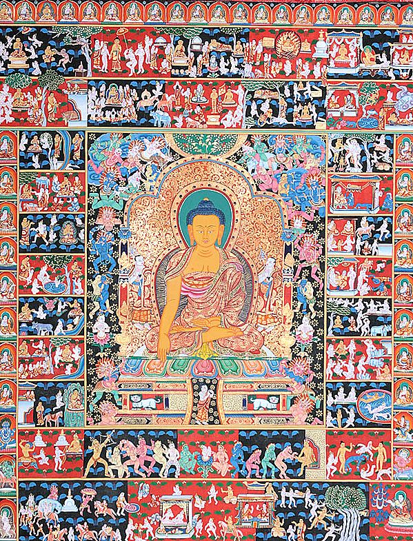 The Temptation of Shakyamuni Buddha by Mara and Scenes from His Life (Large Thangka)