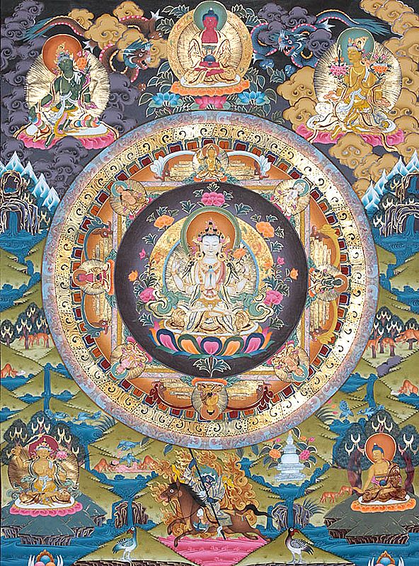 Chenrezig (Shadakshari Avalokiteshvara) Mandala (Large Thangka)