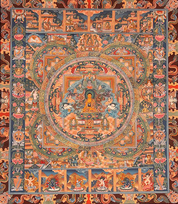 Shakyamuni Buddha Seated in Six-Ornament Throne of Enlightenment with Scenes from His Life, Wrathful Guardians, Great Adepts and Auspicious Symbols