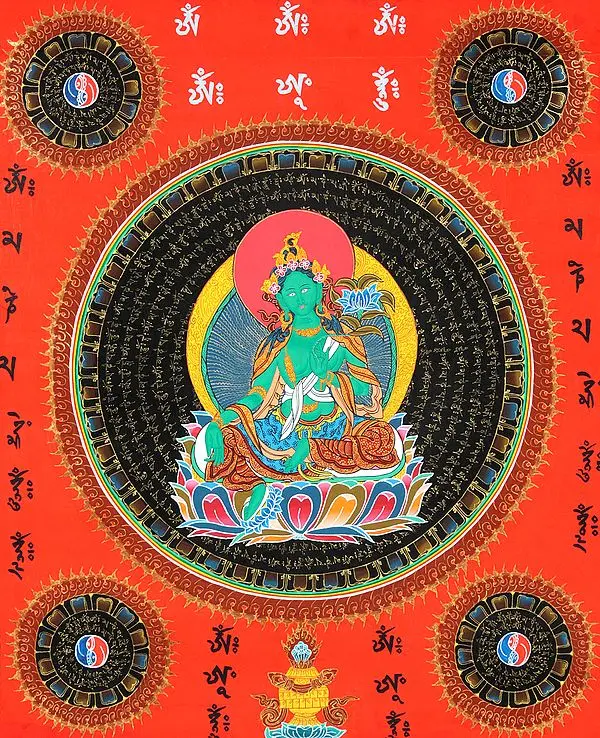 Tibetan Buddhist Goddess Green Tara Mandala with Syllable Mantra and Auspicious Symbols