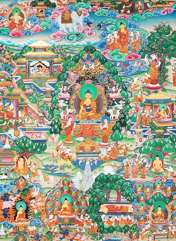 Buddha Shakyamuni Seated on Six-Ornament Throne of Enlightenment and Scenes from His Life