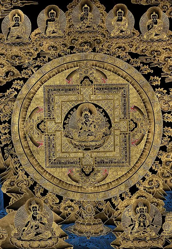 White Tara Mandala (Esoteric Black Thangka)