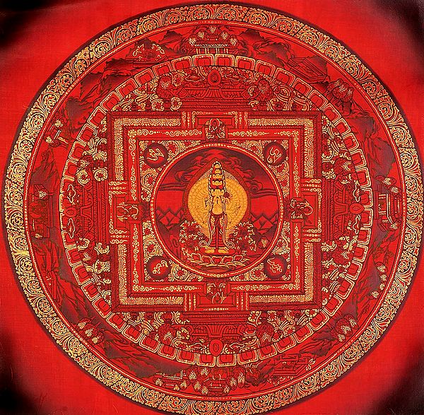 Tibetan Buddhist Deity Thousand-Armed Avalokiteshvara Mandala in Red Hue