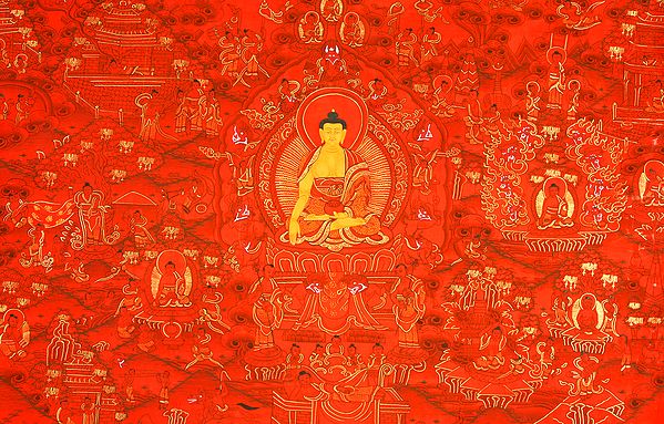 Shakyamuni Buddha Seated on Six-ornament Throne of Enlightenment with the Scenes from His Life (Red Hue Thangka)
