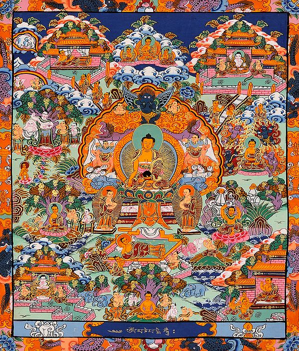 Lord Buddha Seated on Six-ornament Throne of Enlightenment and Scenes from His Life (Tibetan Buddhist)