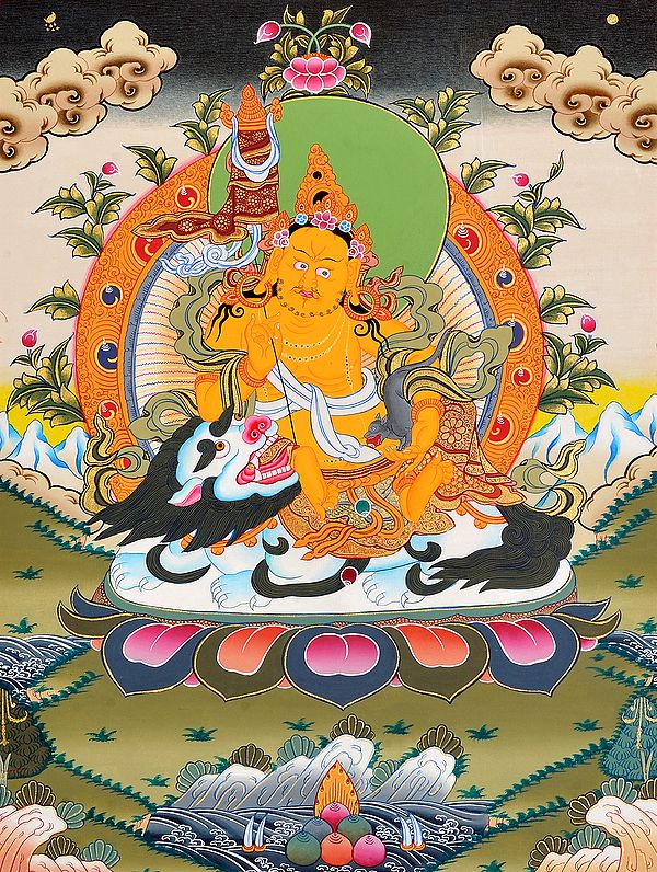 Tibetan Buddhist Deity Vaishravana (Kubera) Seated on White Snow Lion with a Banner of Victory and Mongoose