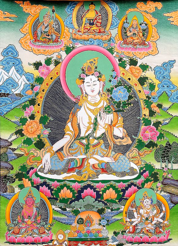 Goddess White Tara Who Bestows a Long Life on Her Devotees (Large Thankga)