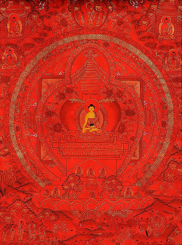 Red Hue Mandala of Svayambhunath Mahachaitya with Shakyamuni Buddha in Centre