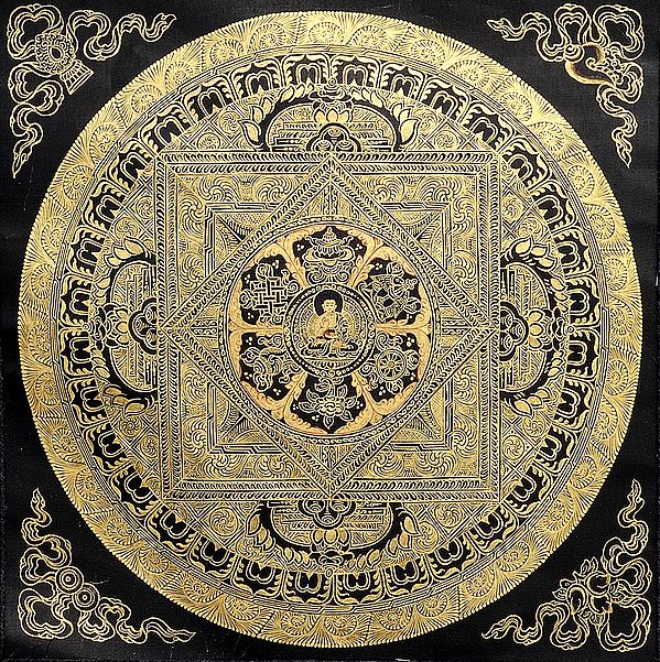 Lord Buddha Mandala with Ashtamangala (In Black and Golden Hues)