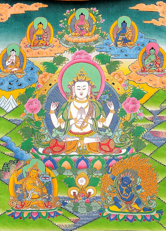 Chenrezig with Cosmic Buddhas, Manjushri and Vajrapani