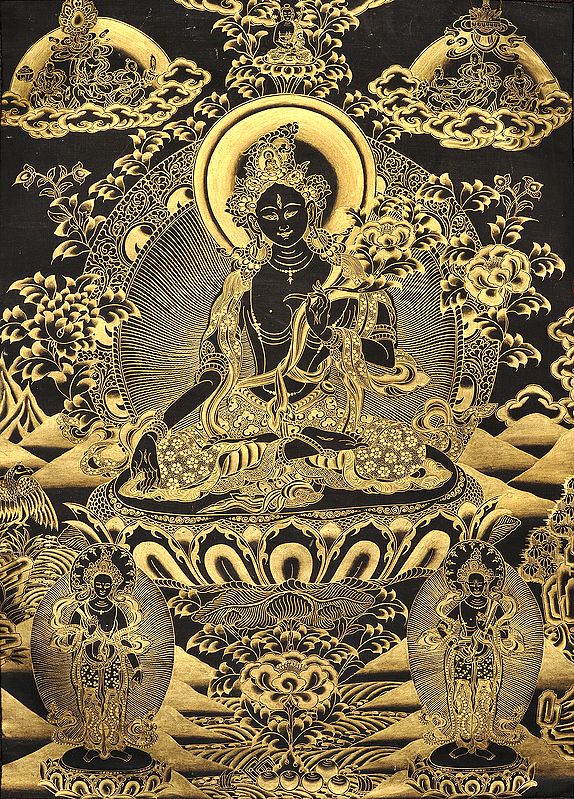 Goddess White Tara in Black and Golden Hues