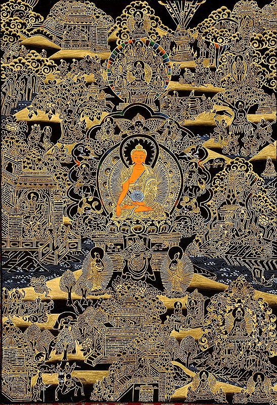 Shakyamuni Buddha Seated on Six-Ornament Throne of Enlightenment and Scenes from His Life (In Black and Golden Hues)