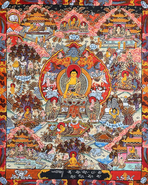Lord Buddha Seated on Six-ornament Throne of Enlightenment and the Scenes of His Life