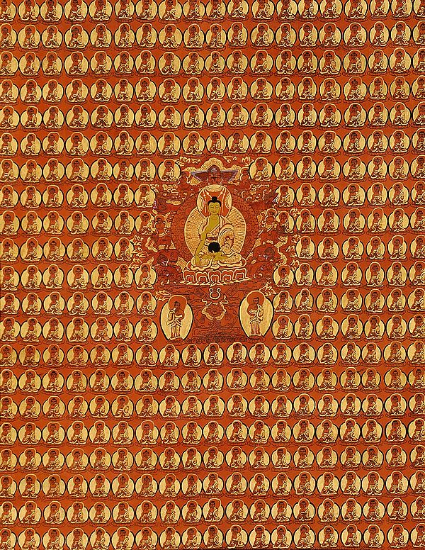 Thousand Buddhas Wall with (Tibetan Buddhist) Shakyamuni in the Centre Seated on Six-ornament Throne of Enlightenment