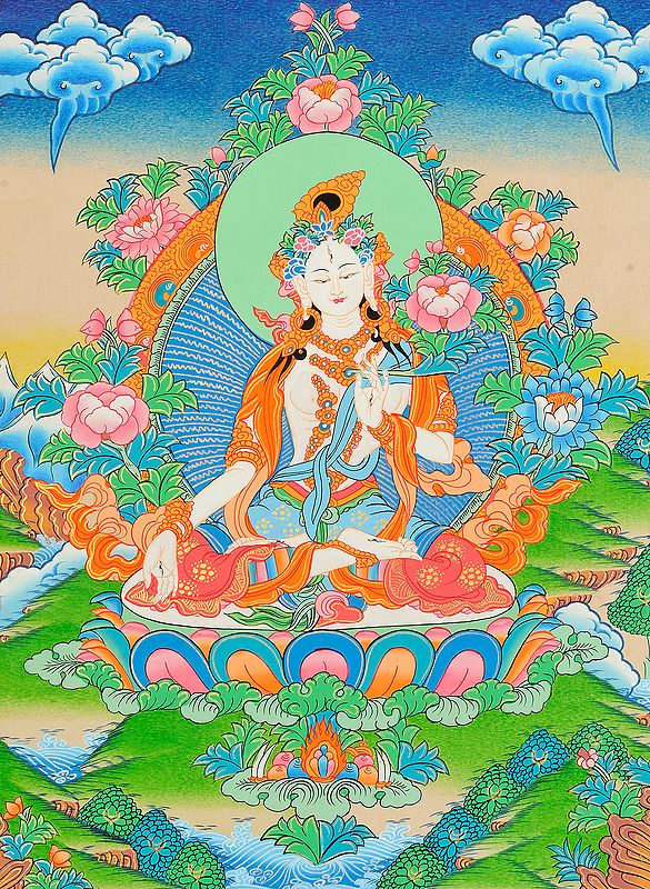 Tibetan Buddhist Goddess White Tara Who Blesses Long Life to Her Devotees
