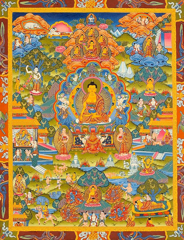 Lord Buddha Seated on Six-ornament Throne of Enlightenment and the Scenes From His Life (Tibetan Buddhist)
