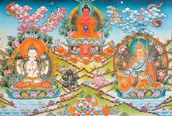 Buddha,Avalokiteshvara and Padmasambhava (A Super Fine Thnagka) -Tibetan Buddhist