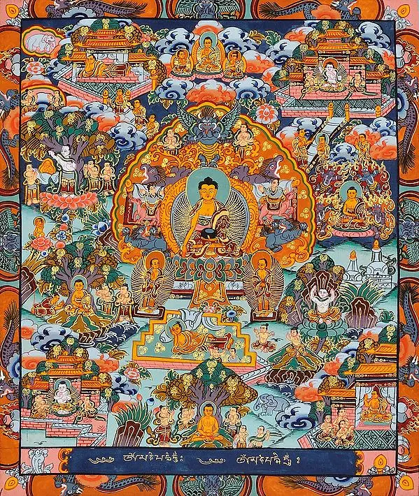 Gautam Buddha with Scenes from His Life (Tibetan Buddhist)