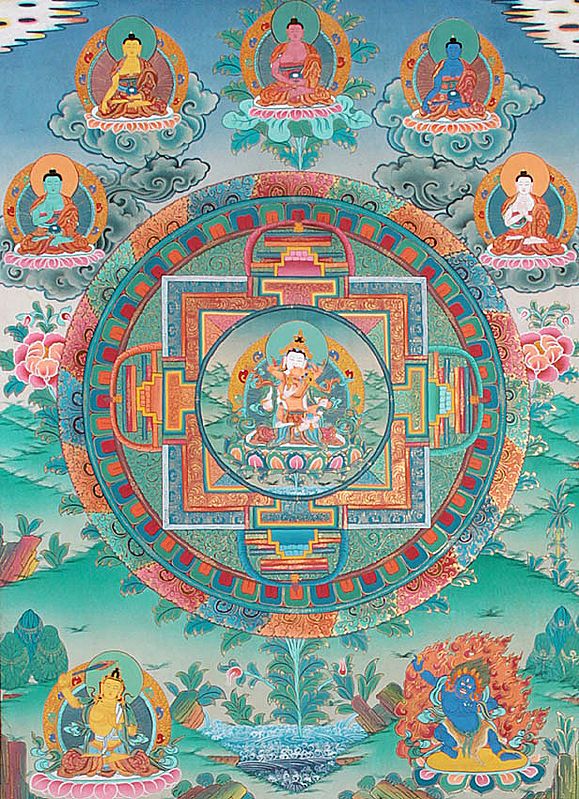 Vajrasattva in Yab Yum with Five Cosmic Buddhas, Manjushri and Vajrapani