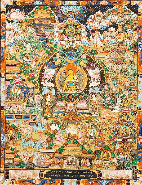 Gautam Buddha On The Six-Ornament Throne of Enlightenment with Scenes from His Life - Tibetan Buddhist