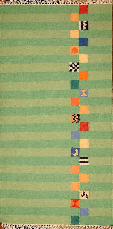 Cotton Dhurrie with Green Stripes