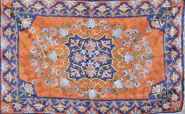 Orange Asana Mat from Kashmir with Embroidered Flowers and Leaves