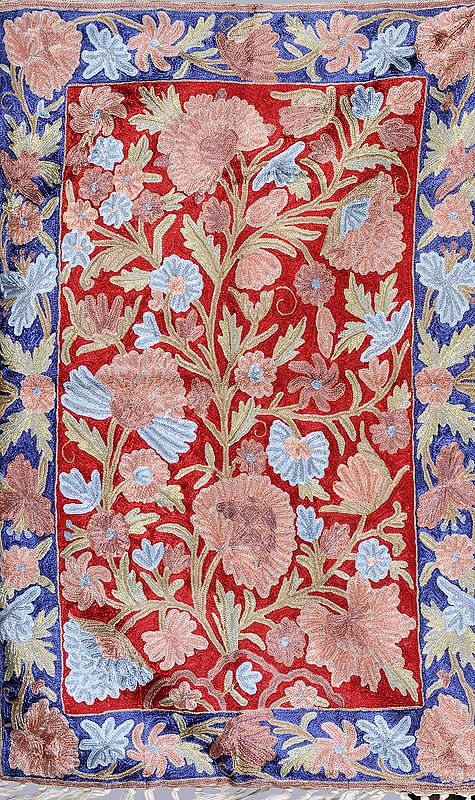 Red and Blue Floral Prayer Asana from Kashmir
