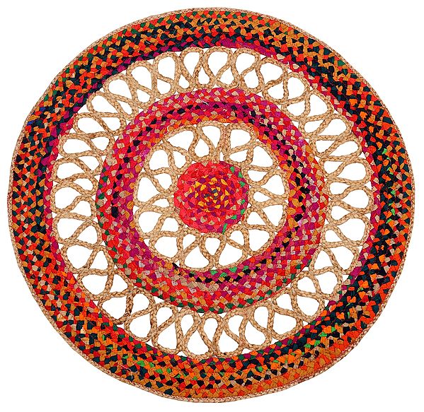 Party-Punch Hand-Crafted Upcycled Cotton and Jute Round Yoga-asana Mat with Jali