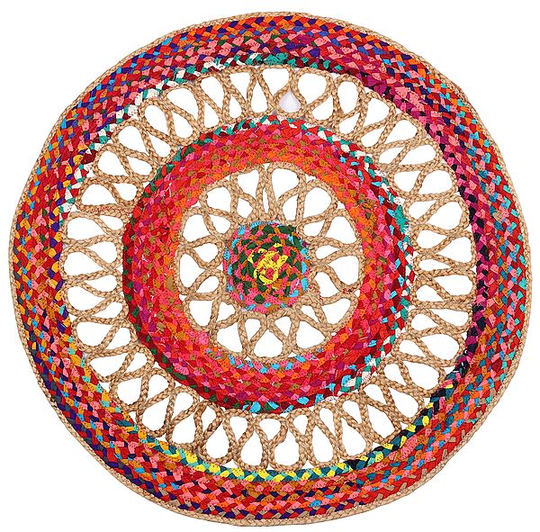 Firecracker Hand-Crafted Upcycled Cotton and Jute Round Meditation Mat with Jali