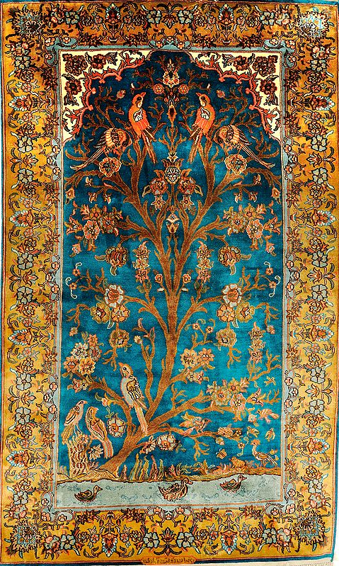 Cyan-Blue Carpet from Kashmir with Knotted Tree of Life