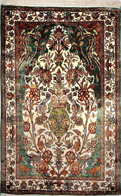 Teal-Green Carpet from Kashmir with Knotted Flowers All-Over