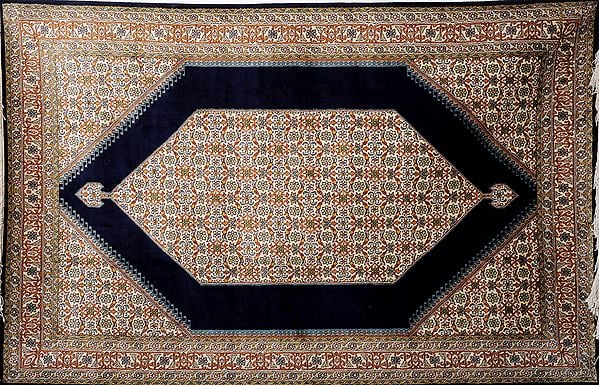 Navy-Blue Carpet from Kashmir with Knotted Flowers All-Over